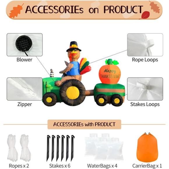 6FT Thanksgiving Inflatables Blow up Turkey Drive Tractor w/  Built-in LED Light